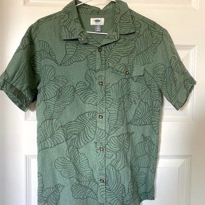 Short-Sleeve Linen Blend Shirt Green Leaves